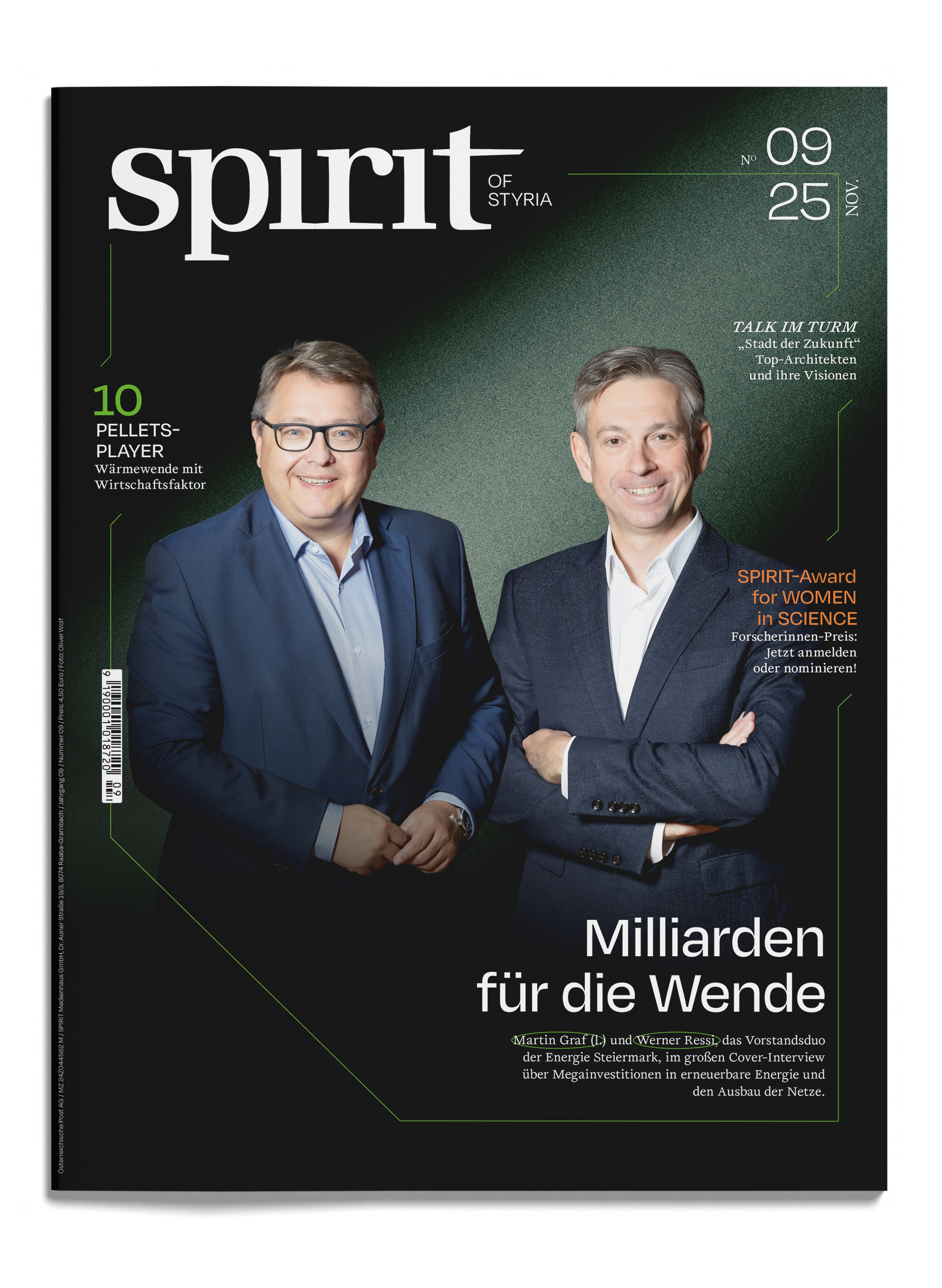 Zwei Männer in Business-Kleidung stehen lächelnd auf dem Cover des Magazins "spirit of Styria", Ausgabe 09/25. Das Cover zeigt deutsche Texte und Highlights zu Wirtschaft, Wissenschaft und Energiewende.