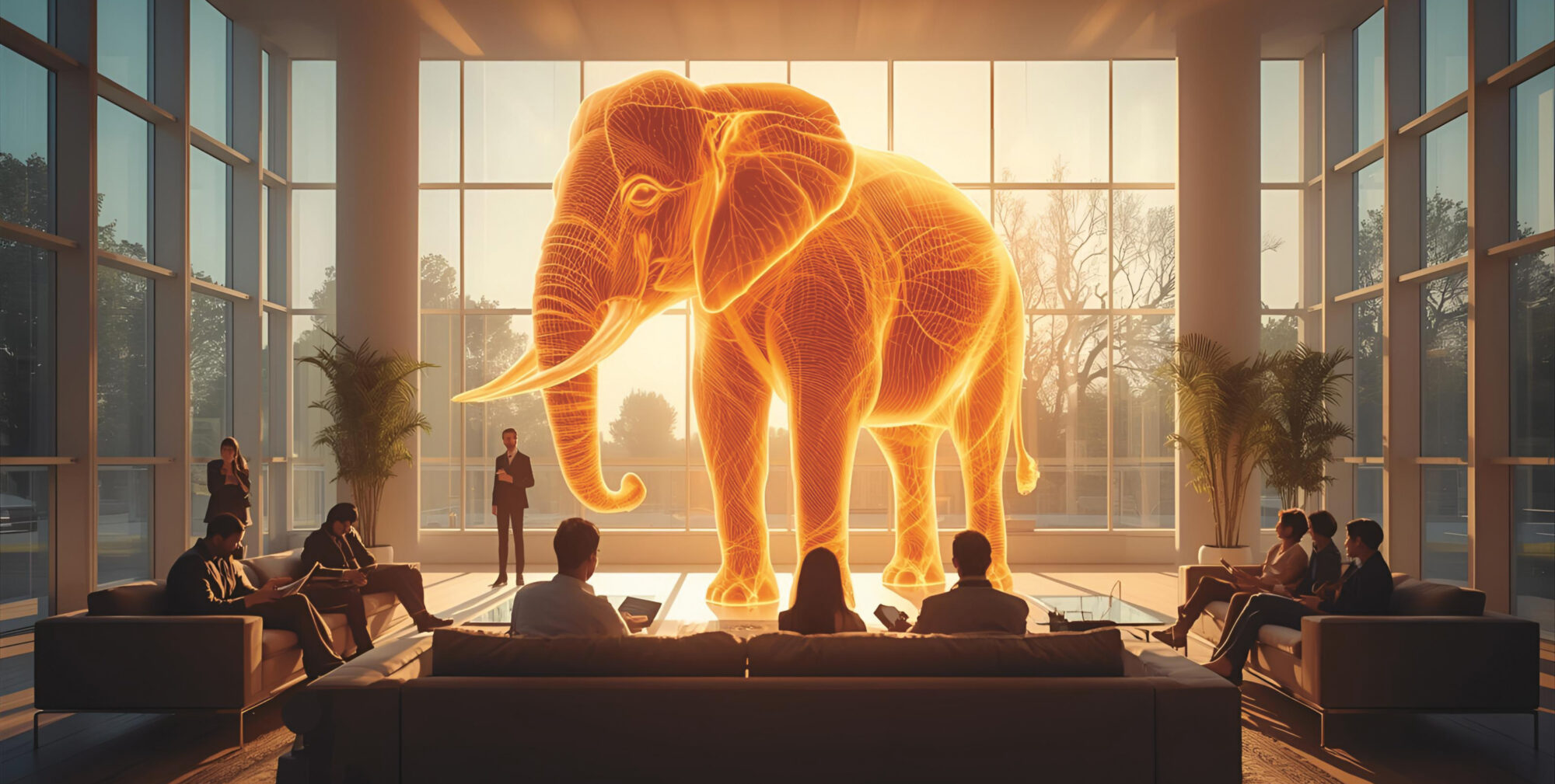 Ein leuchtend orangefarbener holografischer Elefant steht in einem modernen Büro mit Glaswänden, während Menschen in einer Besprechung sitzen und diskutieren.