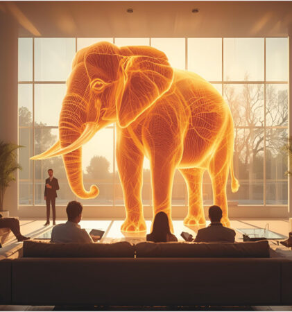 Ein leuchtend orangefarbener holografischer Elefant steht in einem modernen Büro mit Glaswänden, während Menschen in einer Besprechung sitzen und diskutieren.