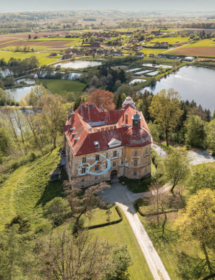 Luftaufnahme eines großen historischen Herrenhauses mit rotem Dach, umgeben von Bäumen, Feldern, einer kurvenreichen Straße und einem See unter einem klaren blauen Himmel.
