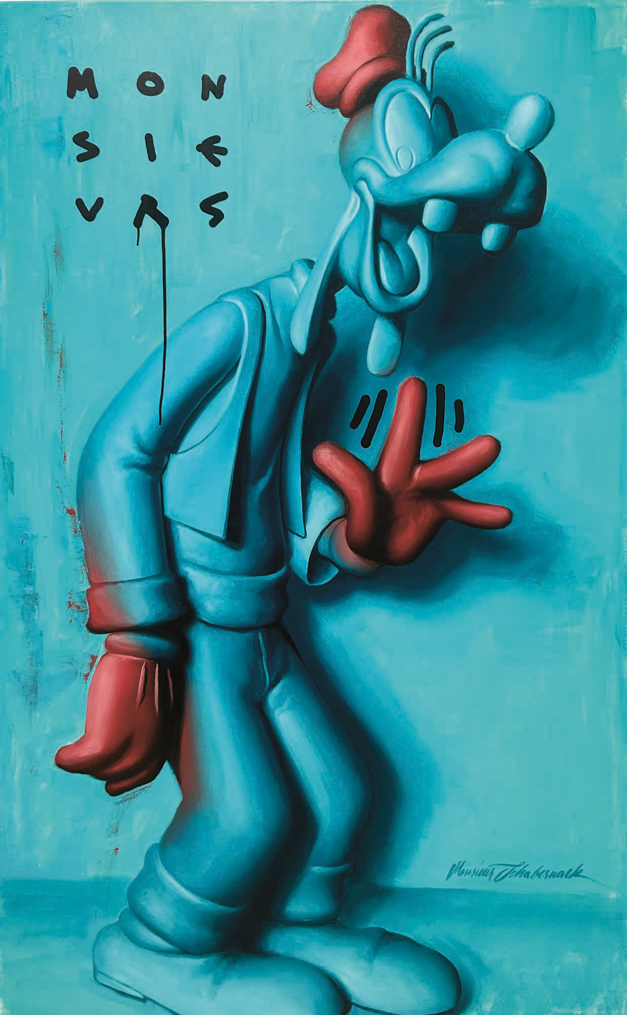 Eine stilisierte, blau getönte Cartoon-Hundefigur mit roter Mütze und Handschuhen winkt mit einer Hand. Neben dem Kopf steht "MON SIE VAS" geschrieben. Der Hintergrund ist ebenfalls blau.