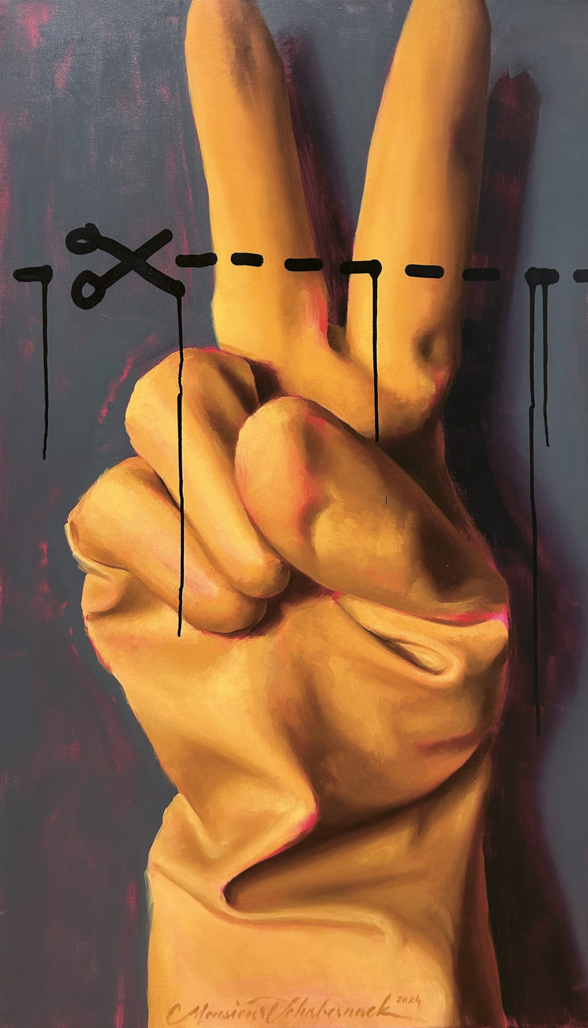 Eine Hand, die einen gelben Gummihandschuh trägt, formt ein Friedenszeichen. Über den Fingern suggerieren eine schwarze gestrichelte Linie und ein Scherensymbol eine "Hier abschneiden"-Linie, als ob sie anweisen würden, die ausgestreckten Finger abzuschneiden. Der Hintergrund ist dunkel.