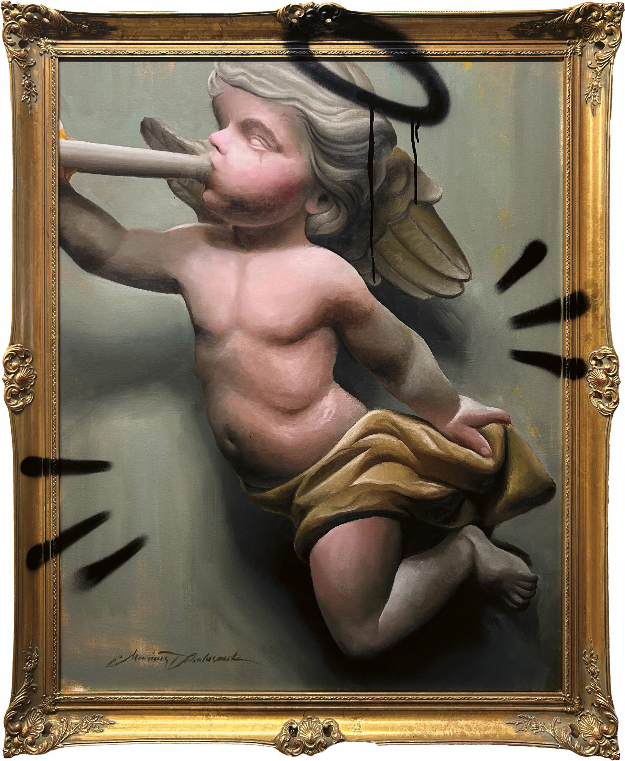Klassisches Gemälde eines Cherubs mit Flügeln und einem gelben Tuch, der einen großen Zapfen im Mund hält. Der verschnörkelte Goldrahmen und das Gemälde sind mit schwarzem Graffiti besprüht, darunter ein Heiligenschein und Akzentzeichen.