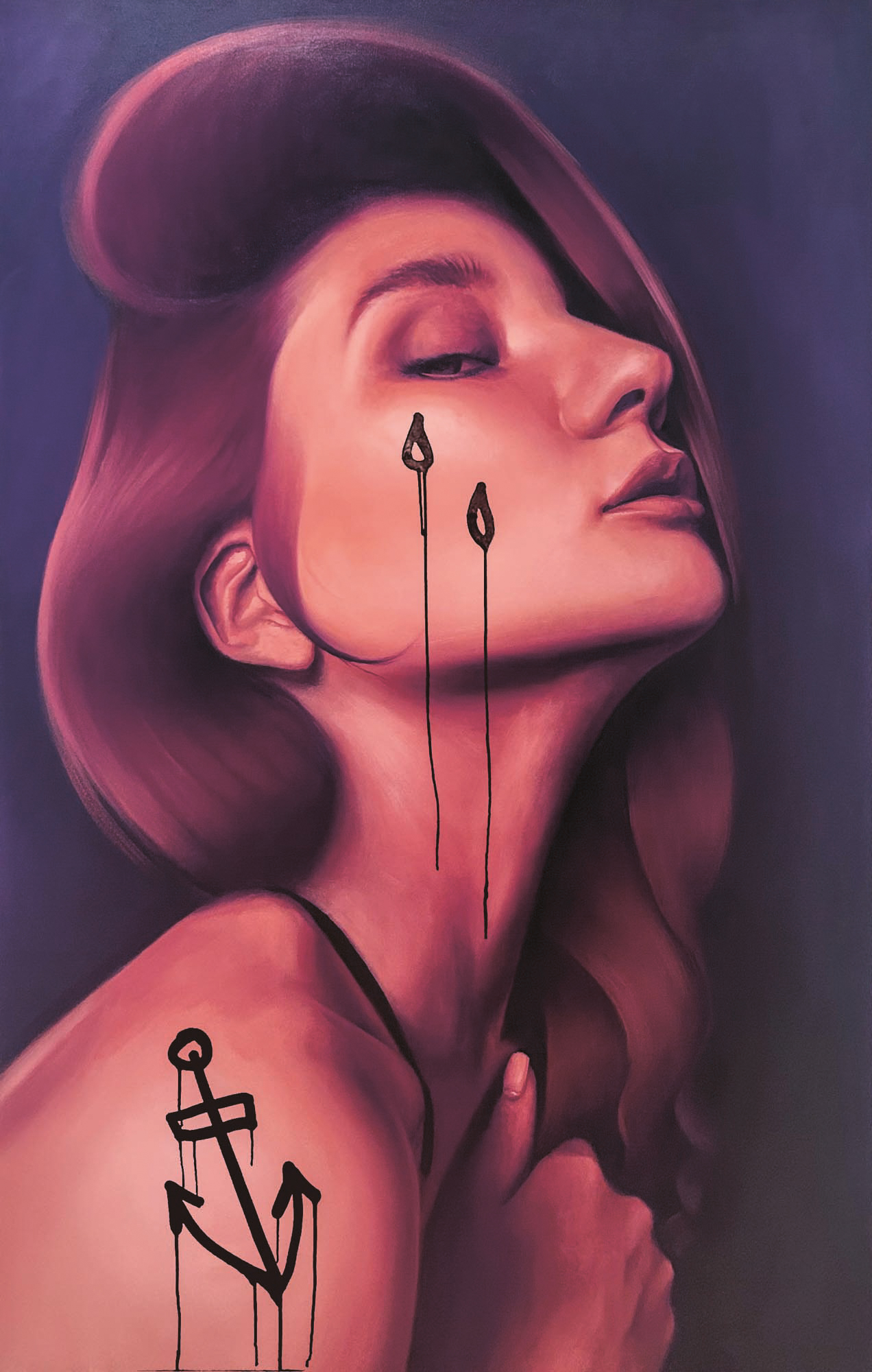 Ein stilisiertes Gemälde einer Frau mit langem, wallendem Haar, die Augen geschlossen und den Kopf nach hinten geneigt. Schwarze Tränenformen mit Spuren verlaufen von ihren Augen, und auf ihrer Schulter ist eine auffällige schwarze Ankertätowierung zu sehen.