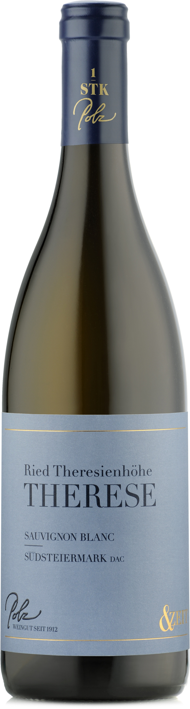 Eine Flasche Ried Theresienhöhe Therese Sauvignon Blanc Wein mit blauem Etikett und goldenen Akzenten, aus der Südsteiermark DAC.