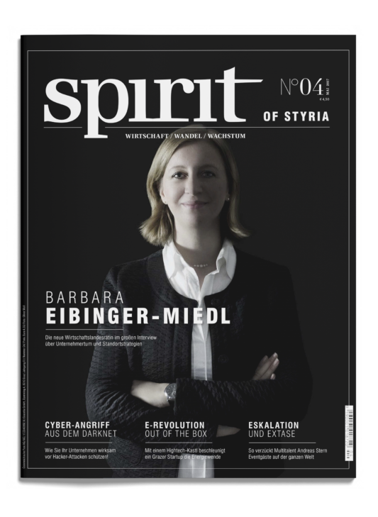 Das Titelbild eines Wirtschaftsmagazins zeigt eine Frau in formeller Kleidung mit verschränkten Armen und dem Titel "spirit of Styria" sowie verschiedene Artikelüberschriften in deutscher Sprache.