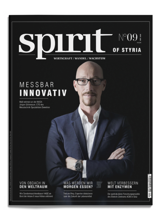 Das Titelbild zeigt einen Mann im Anzug mit verschränkten Armen, die Schlagzeile lautet "Messbar Innovativ" und die Untertitel handeln von Unternehmen, Innovation und Enzymen.