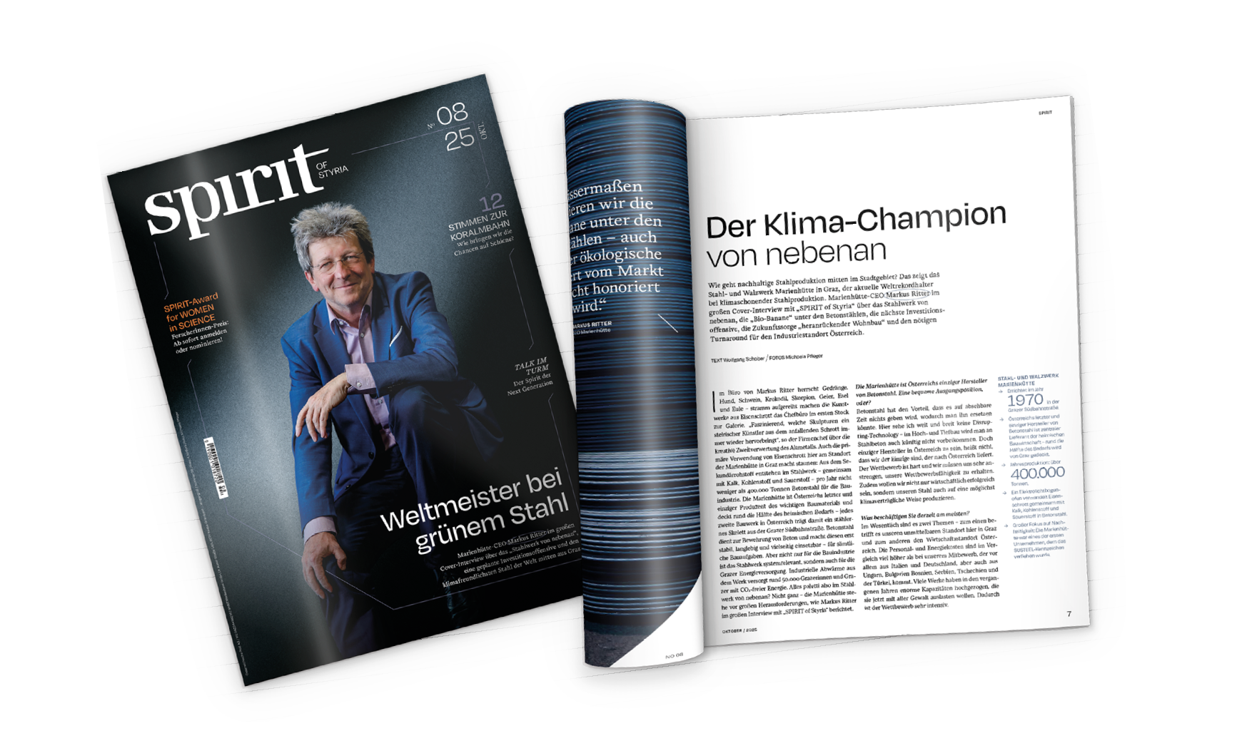 Zwei Zeitschriften auf einer weißen Fläche: eine geschlossene, die einen Mann im Anzug auf dem Cover zeigt, und eine geöffnete, die einen deutschen Artikel mit dem Titel "Der Klima-Champion von nebenan" enthält.
