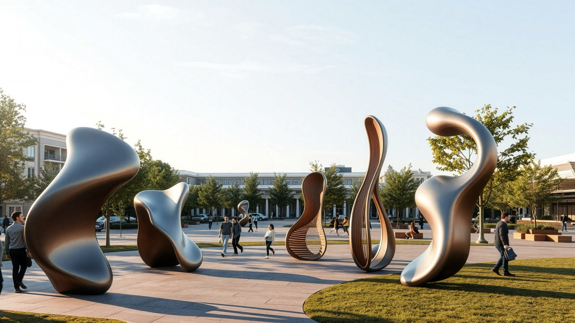 Auf einem sonnigen Platz im Freien mit Bäumen und Gebäuden im Hintergrund gehen die Menschen um große, abstrakte, glänzende Metallskulpturen herum.
