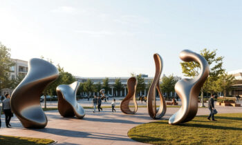 Auf einem sonnigen Platz im Freien mit Bäumen und Gebäuden im Hintergrund gehen die Menschen um große, abstrakte, glänzende Metallskulpturen herum.
