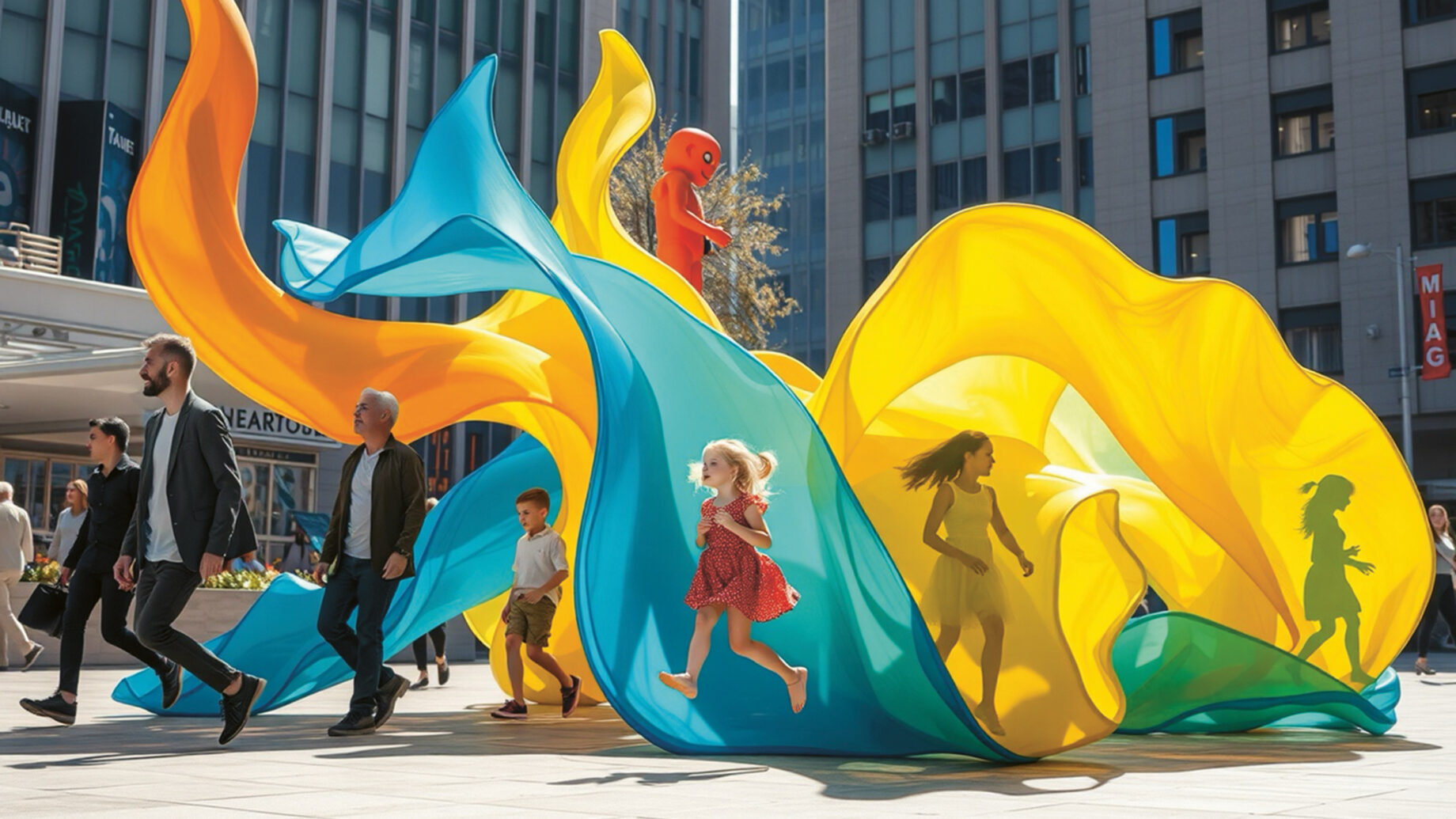 Kinder rennen und spielen um große, wellenförmige gelbe und blaue Skulpturen auf einem Stadtplatz, der von hohen Bürogebäuden umgeben ist.