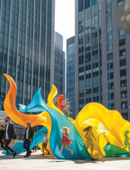 Kinder rennen und spielen um große, wellenförmige gelbe und blaue Skulpturen auf einem Stadtplatz, der von hohen Bürogebäuden umgeben ist.