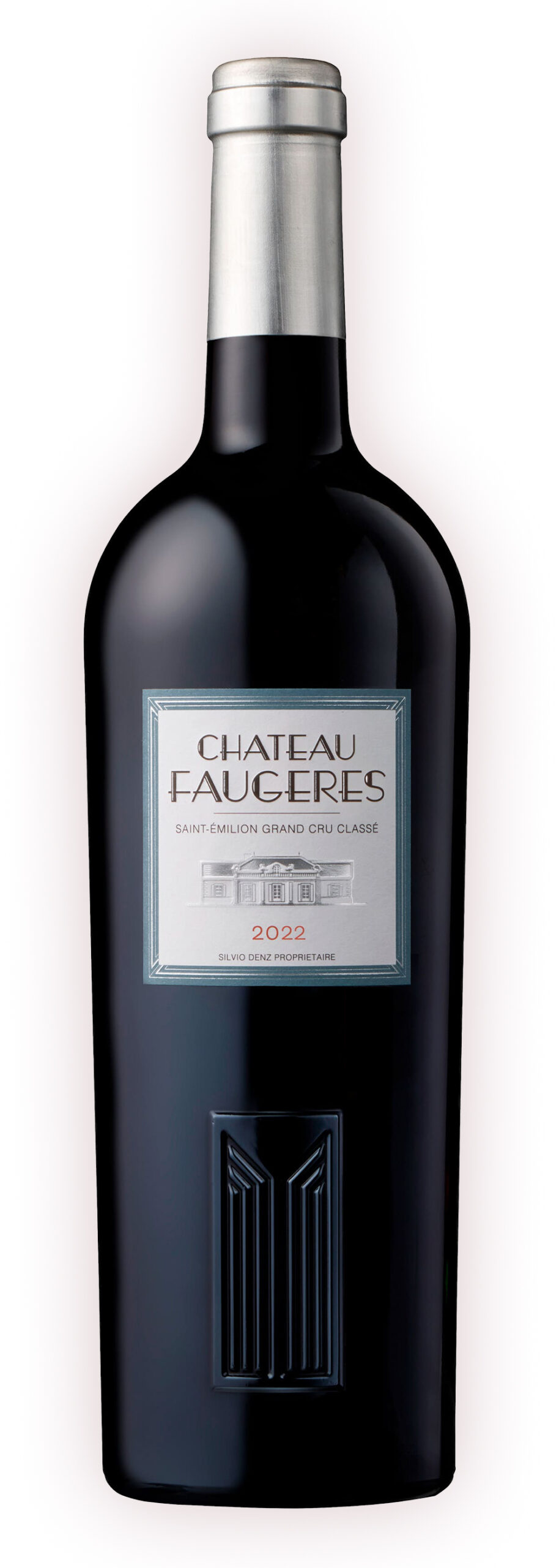 Eine Flasche Château Faugères Saint-Émilion Grand Cru Classé Rotwein mit Silberetikett und Folienkapsel.