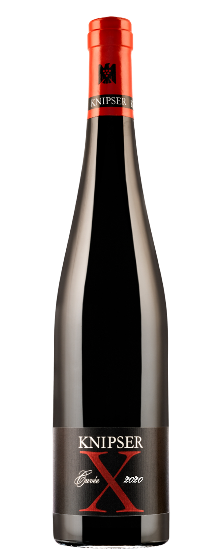 Eine hohe Flasche Knipser Cuvée X 2020 mit rotem Verschluss und schwarzem Etikett mit roter und weißer Schrift.