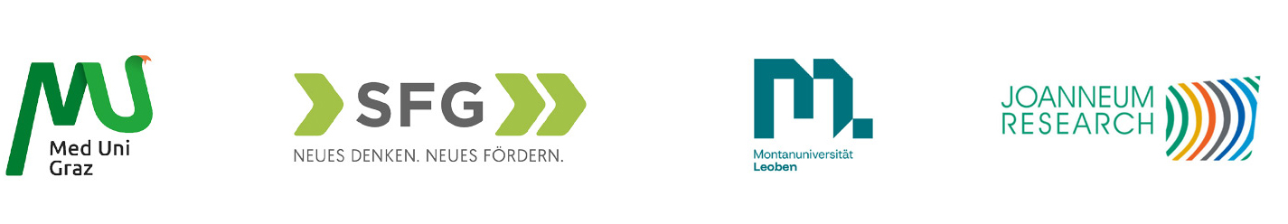 Vier Logos: Med Uni Graz, SFG, Montanuniversität Leoben und JOANNEUM RESEARCH, jeweils mit unterschiedlichen Farben und Designs auf weißem Hintergrund.