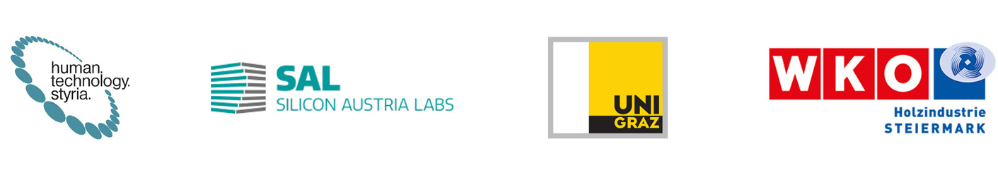 Vier Organisationslogos: Human.technology Styria, SAL Silicon Austria Labs, UNI GRAZ und WKO Holzindustrie Steiermark auf weißem Hintergrund.