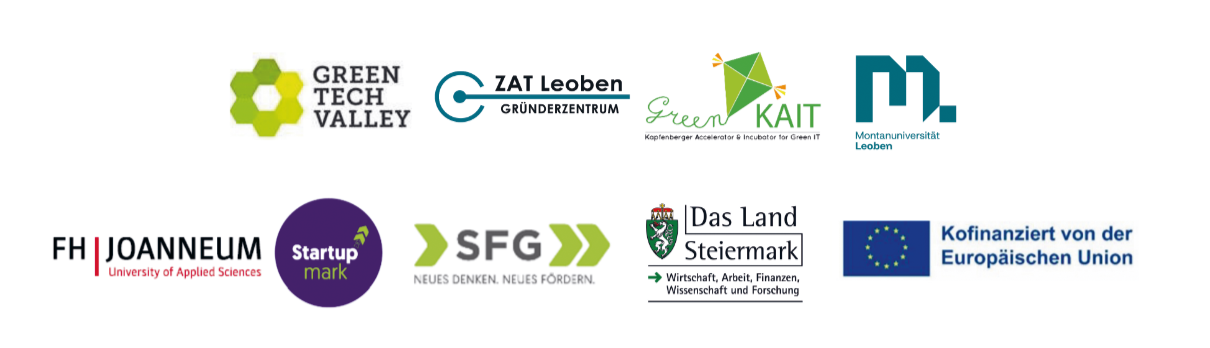 Logos von Green Tech Valley, ZAT Leoben, Green KAIT, Montanuniversität Leoben, FH Joanneum, Startup Mark, SFG, Das Land Steiermark und der EU.