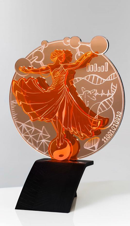 Eine orangefarbene Acryltrophäe zeigt eine tanzende Frau mit Gravuren zum Thema Wissenschaft.