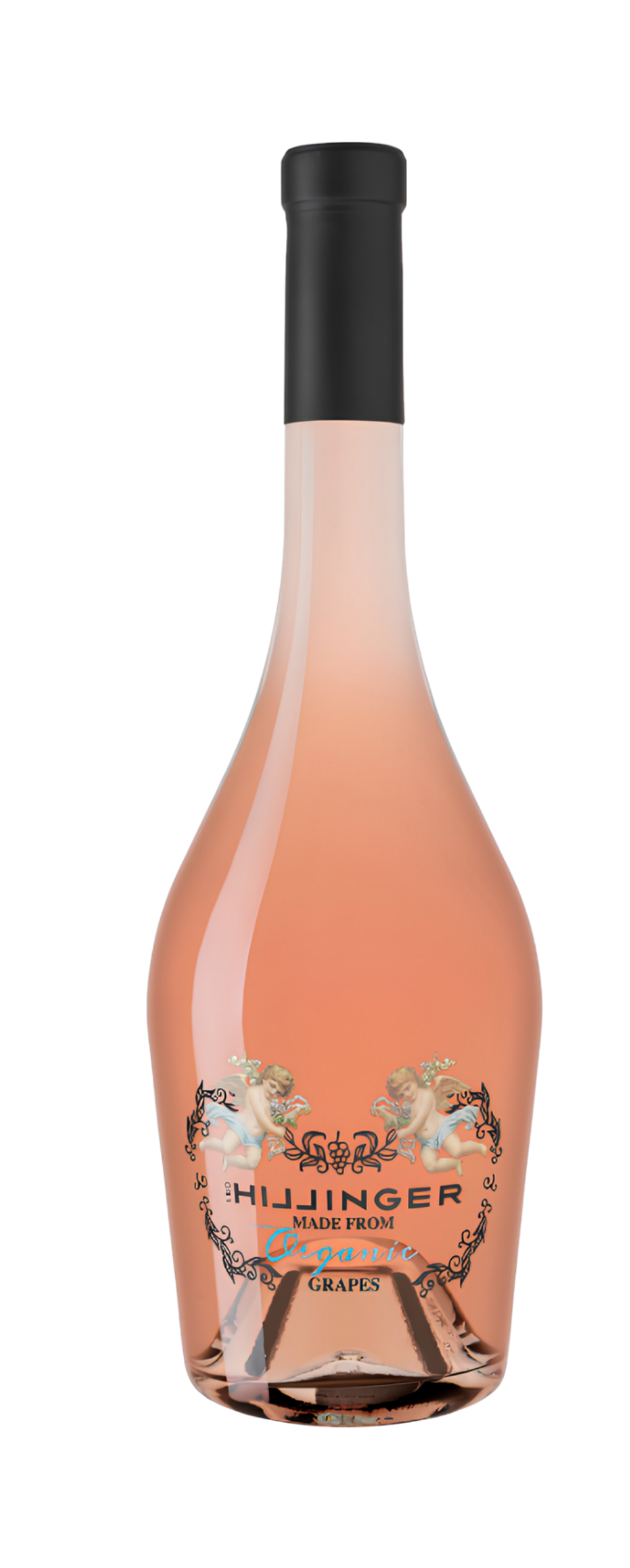 Eine Roséflasche aus klarem Glas mit schwarzem Verschluss und einem dekorativen Etikett mit Putten und der Aufschrift "Hillinger Rosé aus Trauben".