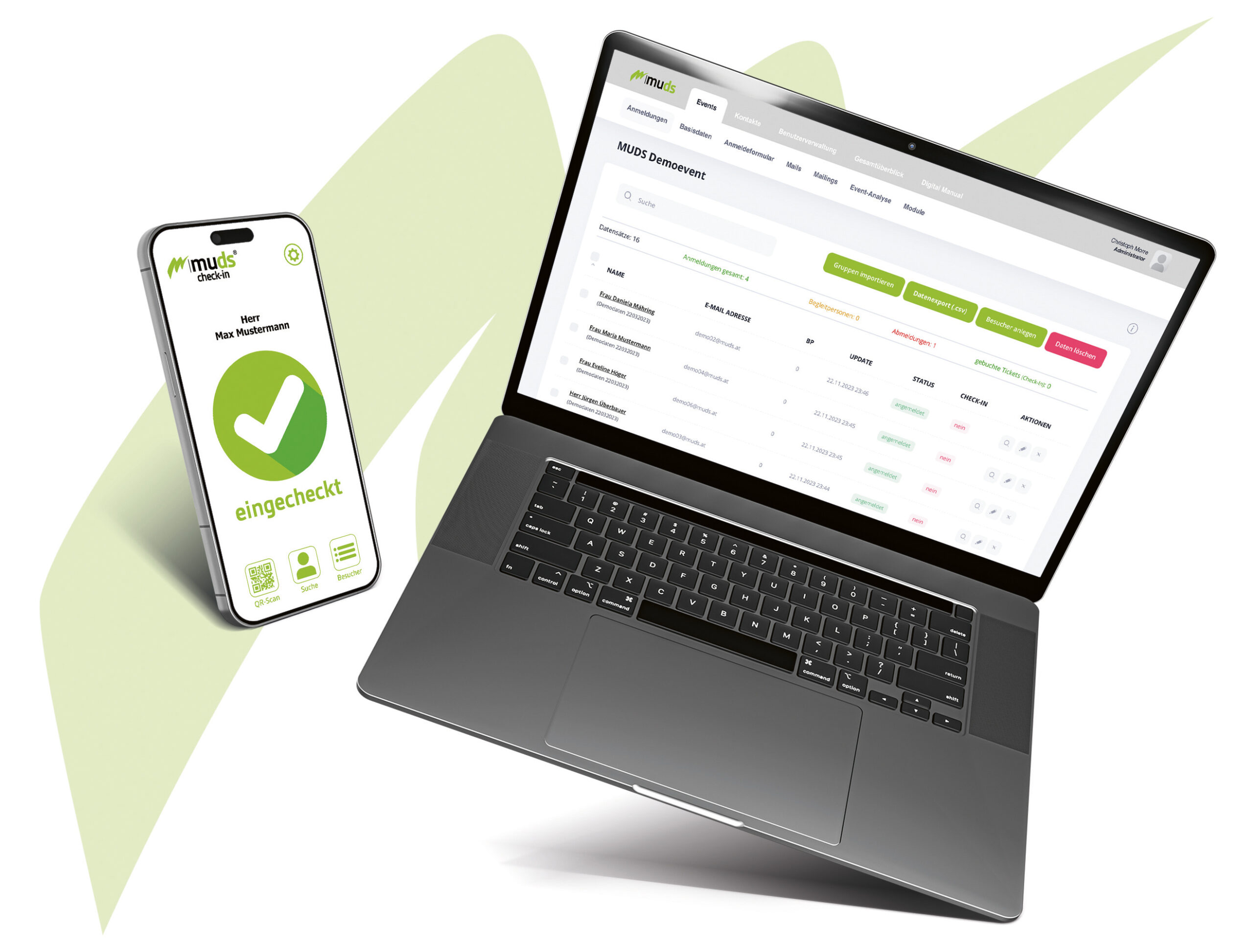 Ein Smartphone zeigt ein grünes Häkchen und "eingecheckt" neben einem Laptop, der ein Dashboard mit Listen und farbigen Statusetiketten anzeigt.