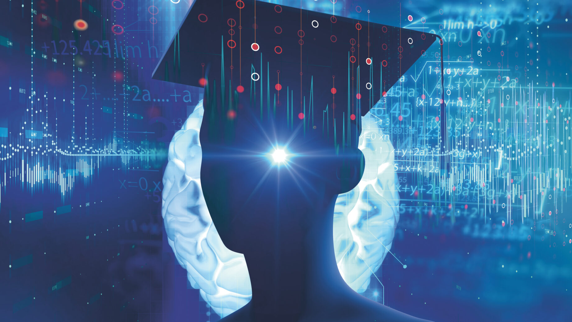 Silhouette einer Person, die eine Schulabschlussmütze trägt, mit digitalen Daten und leuchtenden Gehirnbildern, die künstliche Intelligenz und Lernen darstellen.