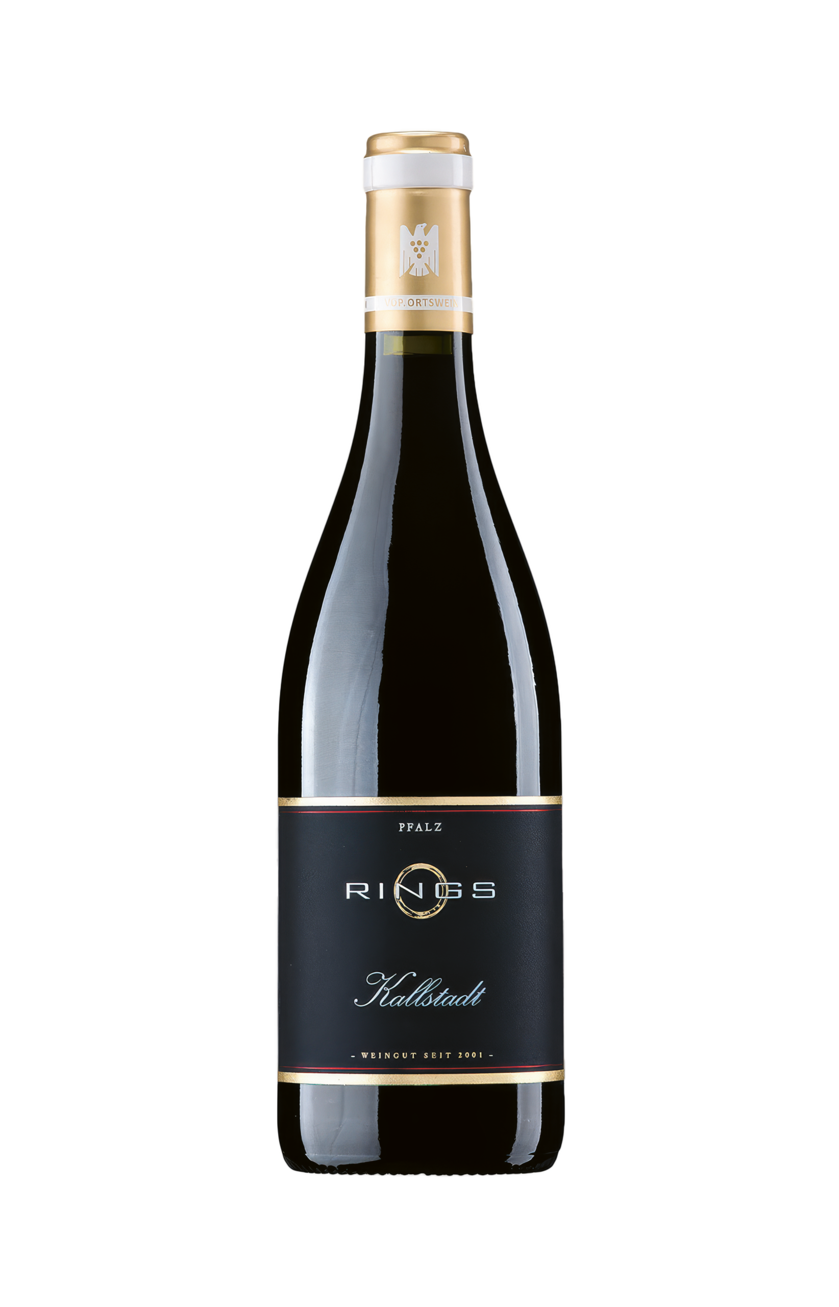 Eine Flasche Wein von Rings Kallstadt mit schwarz-goldenem Etikett, Goldfolie am Hals und weißem Hintergrund.