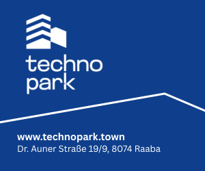 Logo für den Technopark mit einem stilisierten Gebäudesymbol, der Website www.technopark.town und der Adresse Dr. Auner Straße 19/9, 8074 Raaba auf blauem Hintergrund.