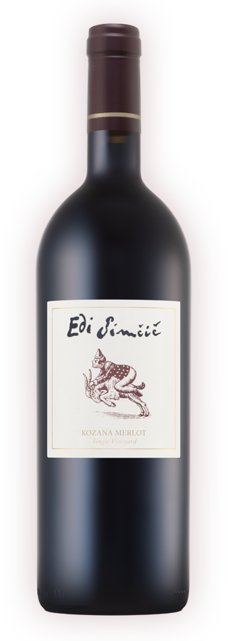 Eine Flasche Edi Simčič Kozana Merlot mit einem beigen Etikett, auf dem eine stilisierte Tierillustration abgebildet ist, und einer dunkelroten Kapsel.