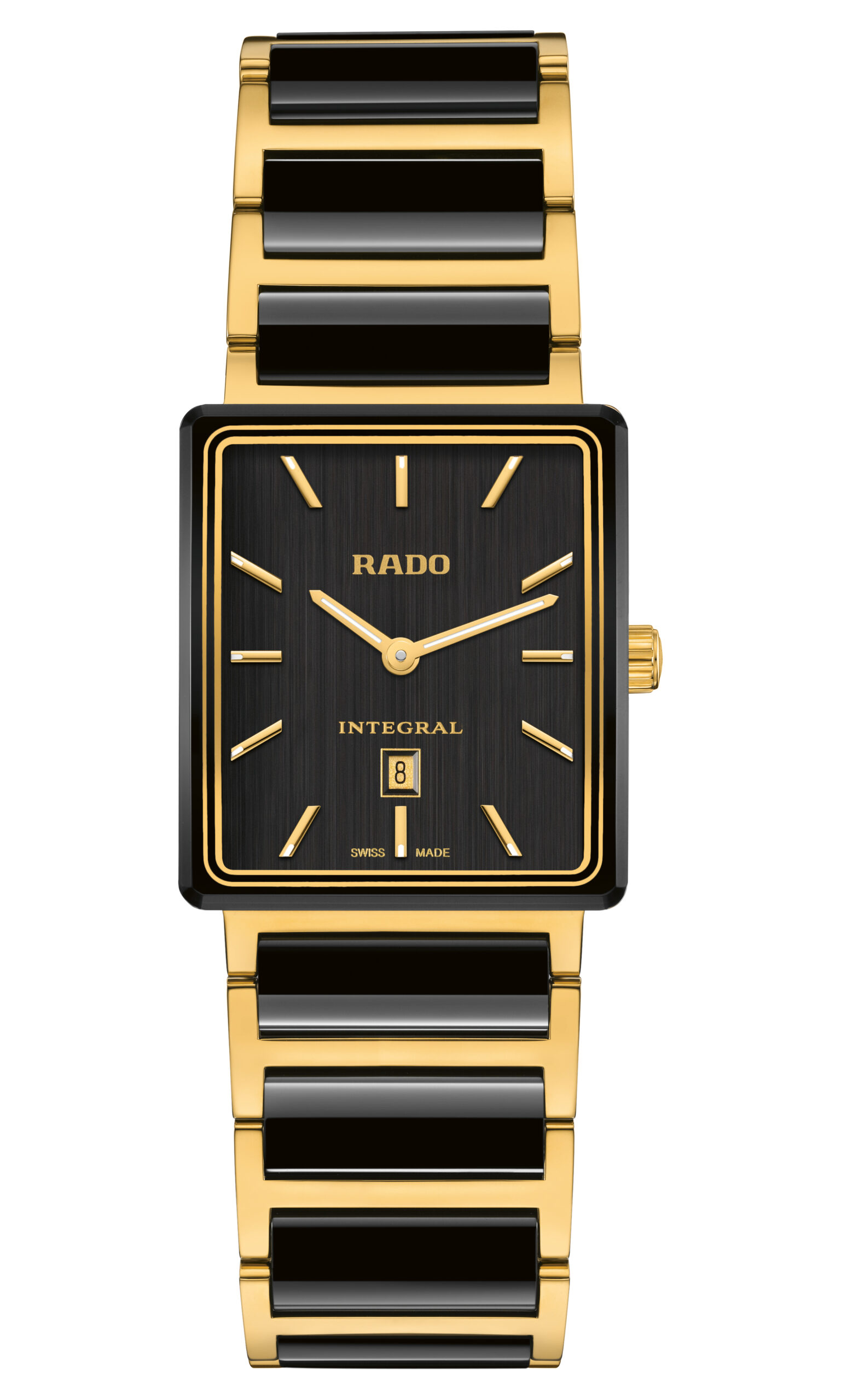 Eine gold-schwarze Rado Integral-Armbanduhr mit rechteckigem Zifferblatt, goldenen Indexen und einer Datumsanzeige bei 6 Uhr.