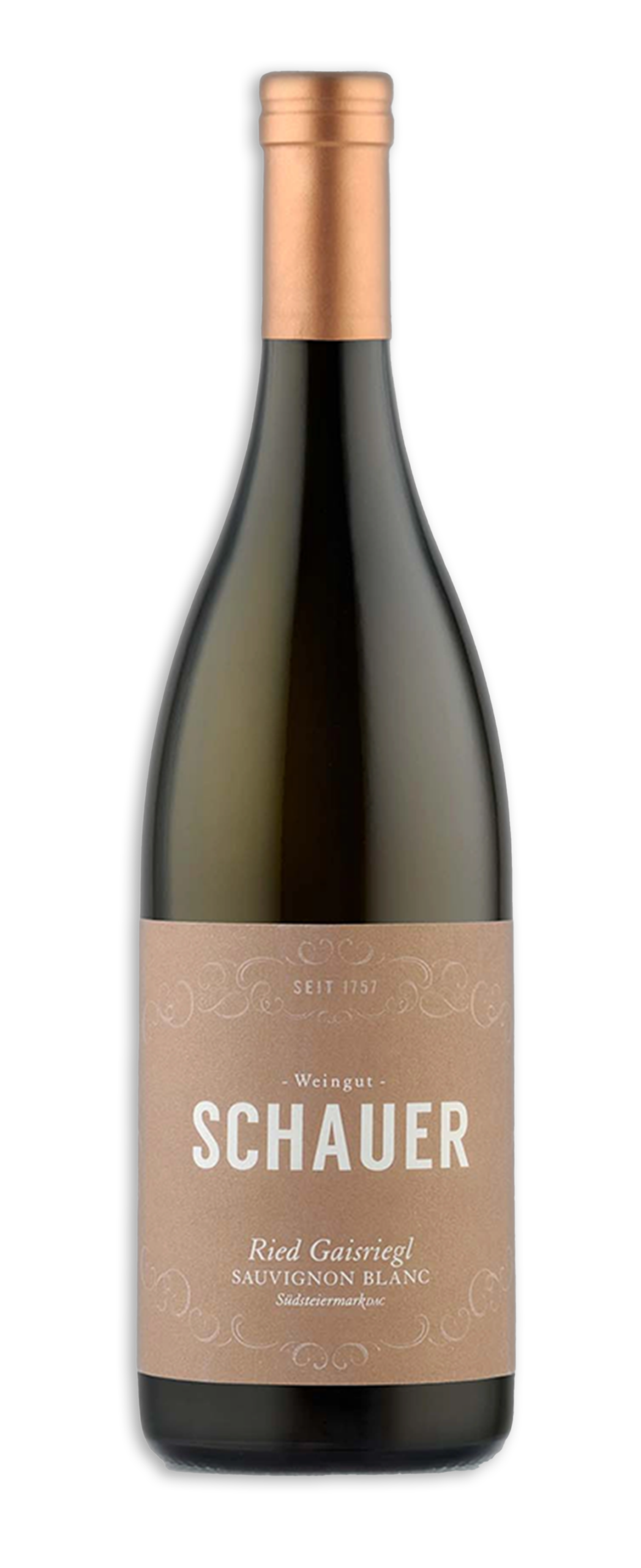 Eine Flasche Schauer Ried Gaisriegl Sauvignon Blanc mit einem kupferfarbenen Verschluss und einem braunen Etikett auf einem schlichten, hellen Hintergrund.