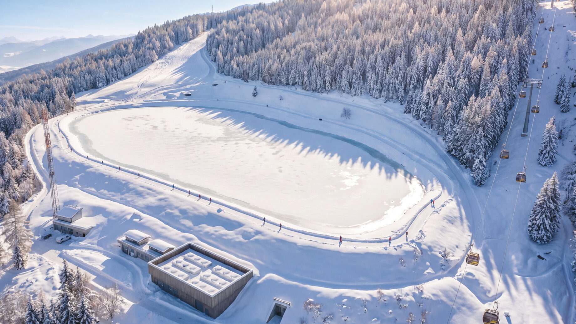 Luftaufnahme eines zugefrorenen, ovalen Sees, umgeben von verschneiten Wäldern und Bergen, mit Gebäuden in der Nähe und einem Skilift unter klarem Himmel.