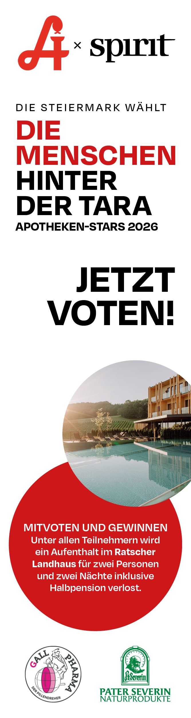 Anzeige, die zur Abstimmung bei den „Apotheken-Stars 2026“ aufruft, mit fettgedrucktem Text und einem runden Bild, das ein modernes Gebäude am Pool zeigt.