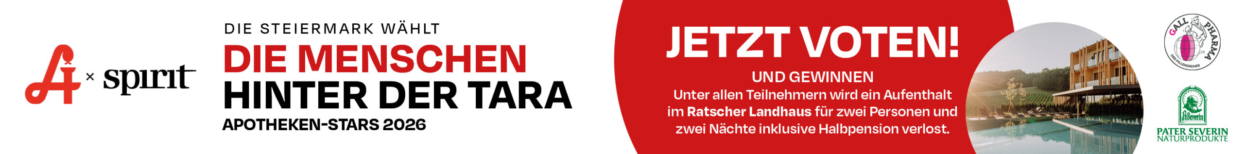 Ein Banner auf Deutsch, das die Menschen zur Wahl aufruft, mit einem Bild eines Hotels am Pool und Logos aus dem Apothekenbereich auf der rechten Seite.