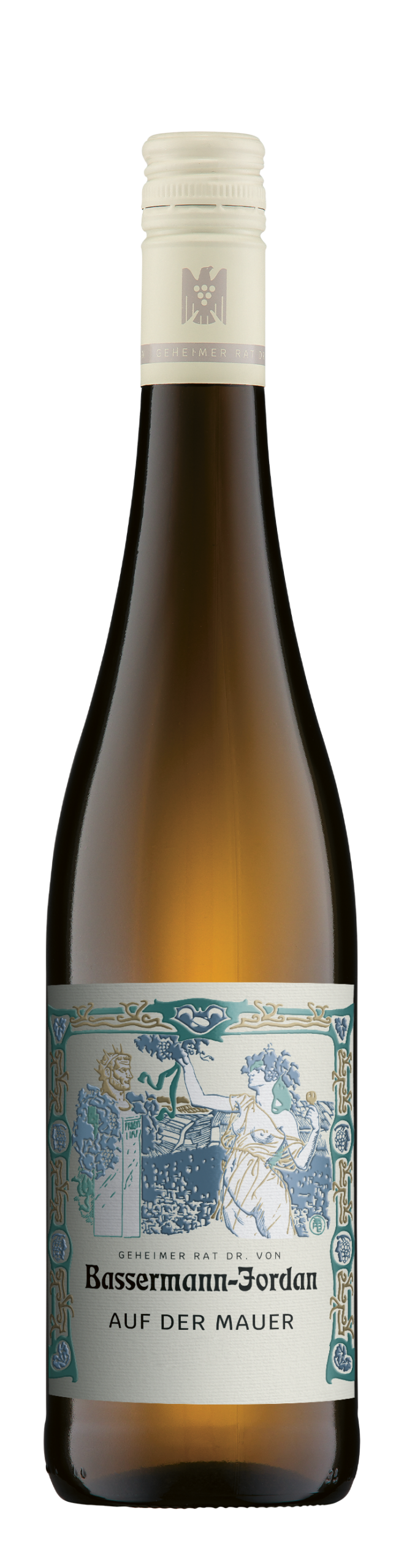 Eine Flasche Bassermann-Jordan „Auf der Mauer“-Weißwein mit einem dekorativen Etikett, das ein blau-grünes Motiv zeigt.