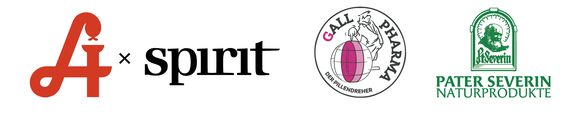 Vier Logos: ein rotes „fi“-Symbol, „spirit“ in Schwarz, „Gall Pharma“ mit einem Globus und „Pater Severin Naturprodukte“ mit der Abbildung eines grünen Mönchs.
