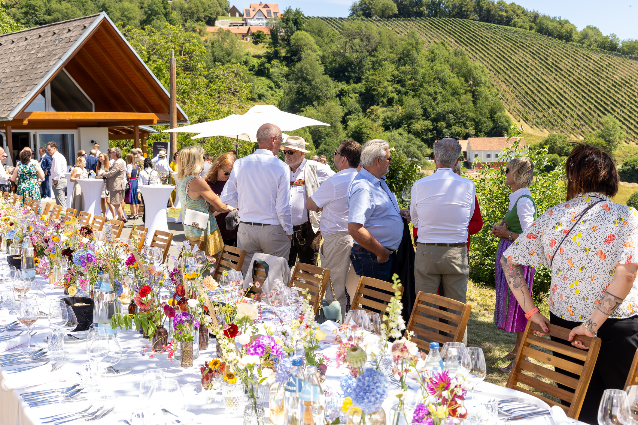 Bei einer sonnigen Gartenparty mit Weinbergen im Hintergrund versammeln sich die Gäste an einem langen, mit Blumen geschmückten Tisch im Freien und unterhalten sich.
