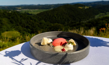 Auf einem Teller liegt ein Gourmet-Dessert aus Sorbet, Sahne und Baiser, im Hintergrund bietet sich ein malerischer Ausblick auf grüne Hügel und den blauen Himmel.
