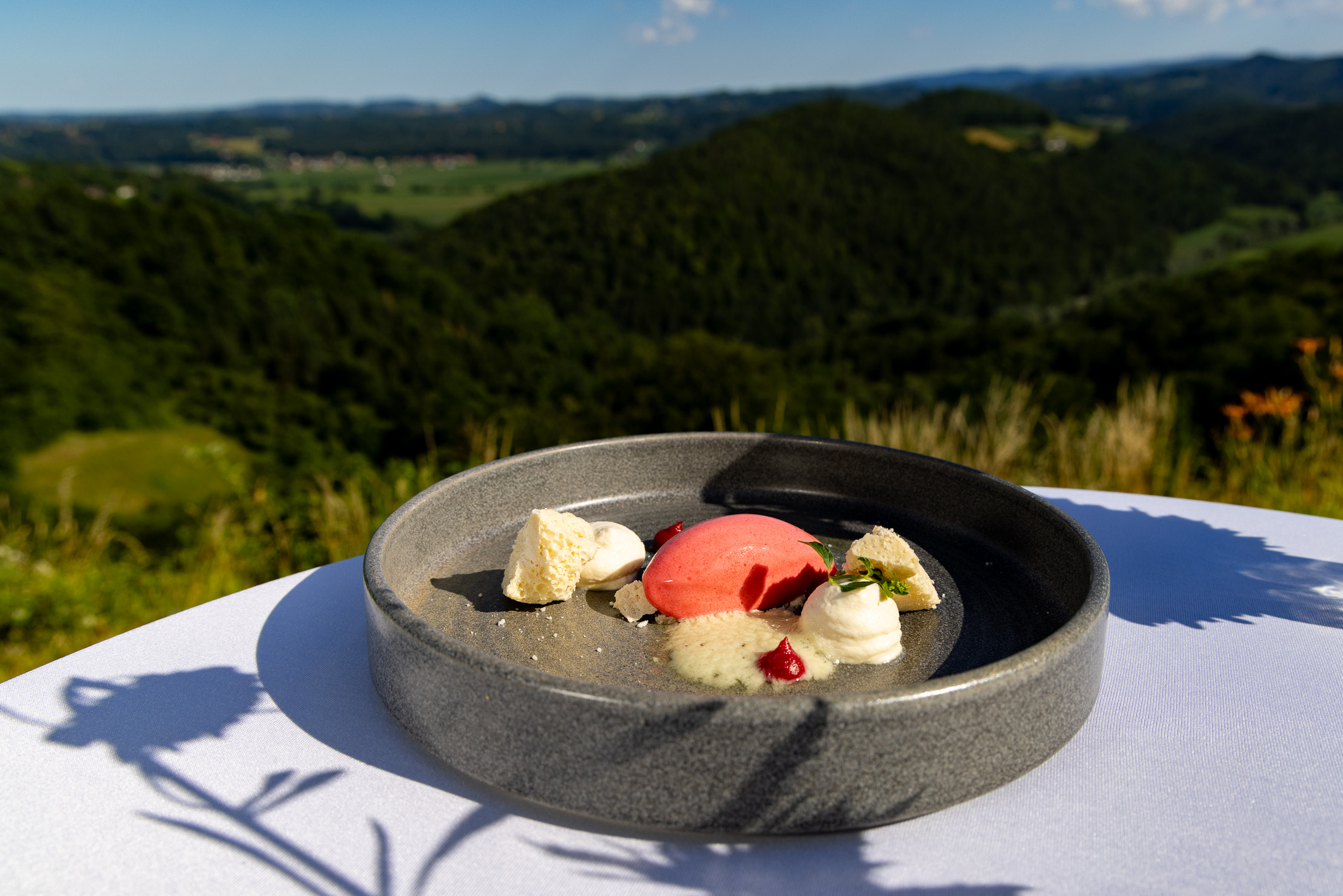 Auf einem Teller liegt ein Gourmet-Dessert aus Sorbet, Sahne und Baiser, im Hintergrund bietet sich ein malerischer Ausblick auf grüne Hügel und den blauen Himmel.