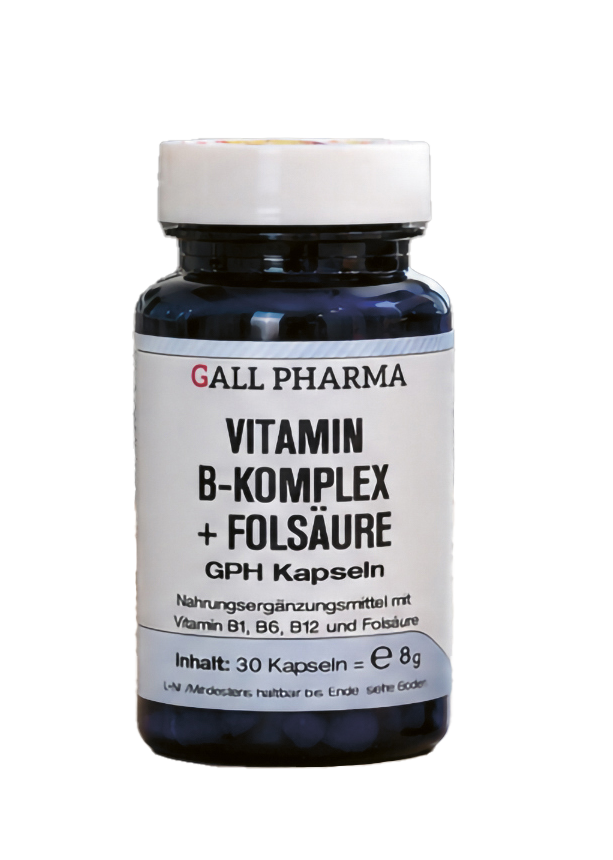 Eine Flasche mit der Aufschrift „Vitamin B-Komplex + Folsäure“ und einem weißen Verschluss ist vor einem schlichten weißen Hintergrund abgebildet.