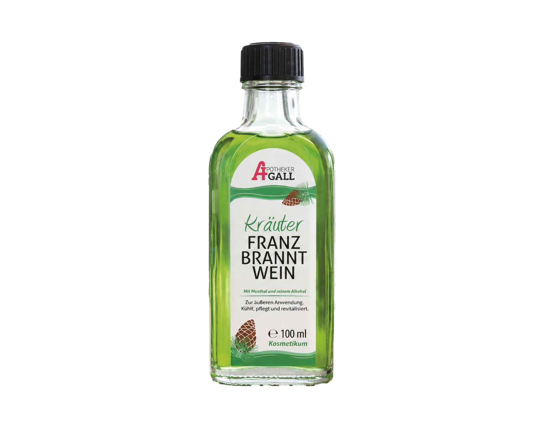 Eine durchsichtige Flasche „Kräuter Franz Branntwein“ mit schwarzem Verschluss und grünem Etikett, gefüllt mit 100 ml Kräuter-Reinigungsalkohol.