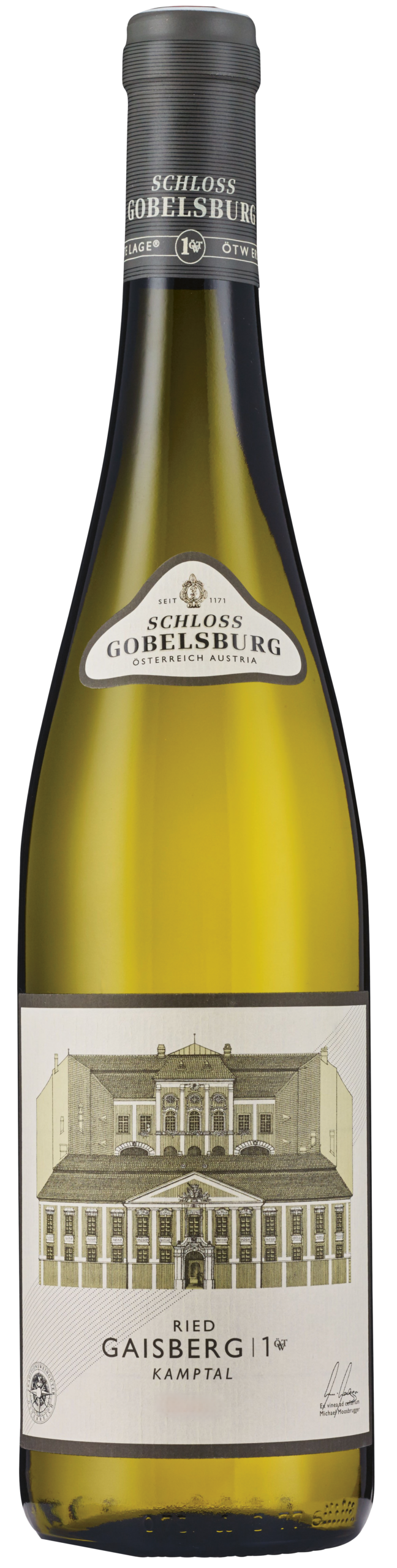 Eine Flasche Weißwein „Schloss Gobelsburg Ried Gaisberg 1ÖTW Kamptal“ mit einem Etikett, auf dem ein großes Gebäude abgebildet ist.