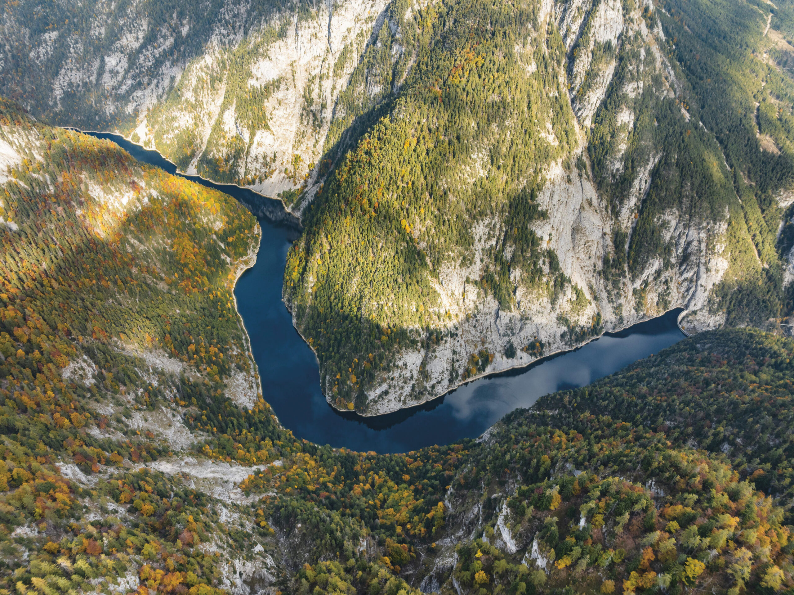 Ein sich schlängelnder Fluss durchschneidet eine steile, bewaldete Schlucht mit sonnenbeschienenen Felsen und herbstlichem Laub.