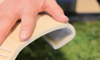 Eine Hand biegt ein dünnes, helles Stück Holz über eine grüne Fläche und verdeutlicht so die Biegsamkeit und den Schichtaufbau des Holzes.