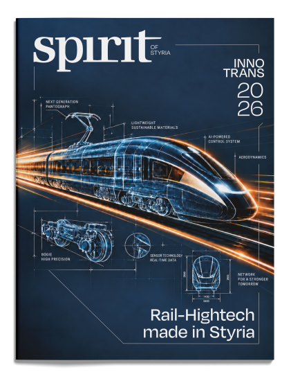 Zeitschriftentitelseite mit einer digitalen Blaupause eines Hochgeschwindigkeitszugs, auf der technische Merkmale gekennzeichnet sind, sowie dem Text „Bahn-Hightech made in der Steiermark“.