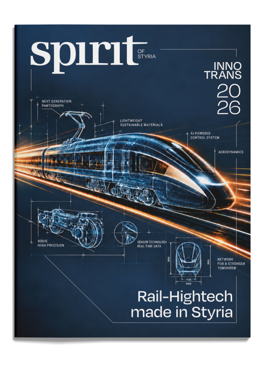 Zeitschriftentitelseite mit einer digitalen Blaupause eines Hochgeschwindigkeitszugs, auf der technische Merkmale gekennzeichnet sind, sowie dem Text „Bahn-Hightech made in der Steiermark“.