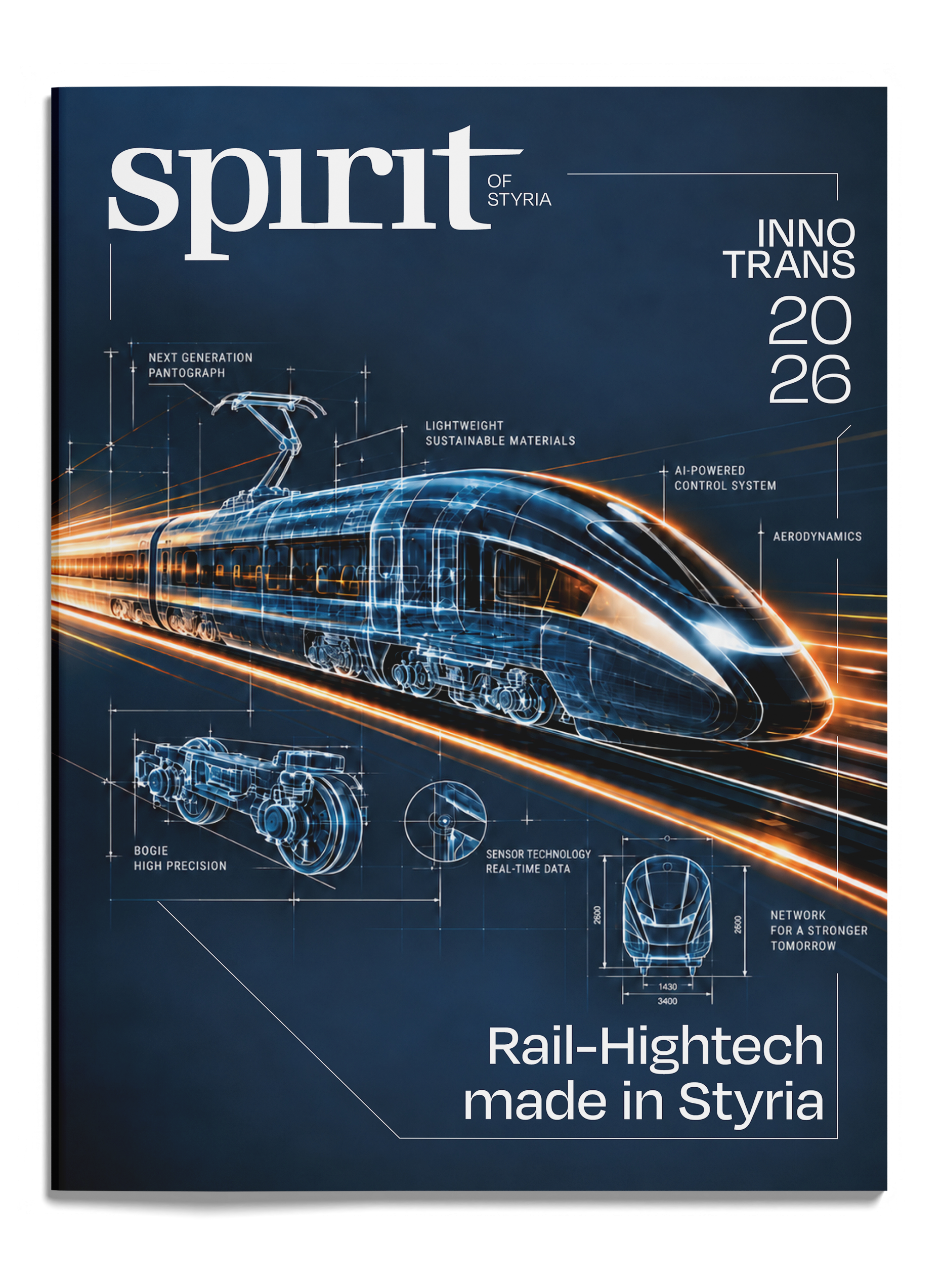 Zeitschriftentitelseite mit einer digitalen Blaupause eines Hochgeschwindigkeitszugs, auf der technische Merkmale gekennzeichnet sind, sowie dem Text „Bahn-Hightech made in der Steiermark“.