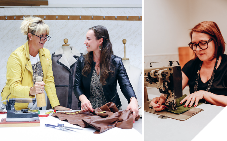 Zwei Frauen schneiden gemeinsam an einem Tisch Stoff zu; eine weitere Frau bedient eine Nähmaschine und konzentriert sich auf ihre Näharbeit. Mannequins und Nähutensilien sind zu sehen.