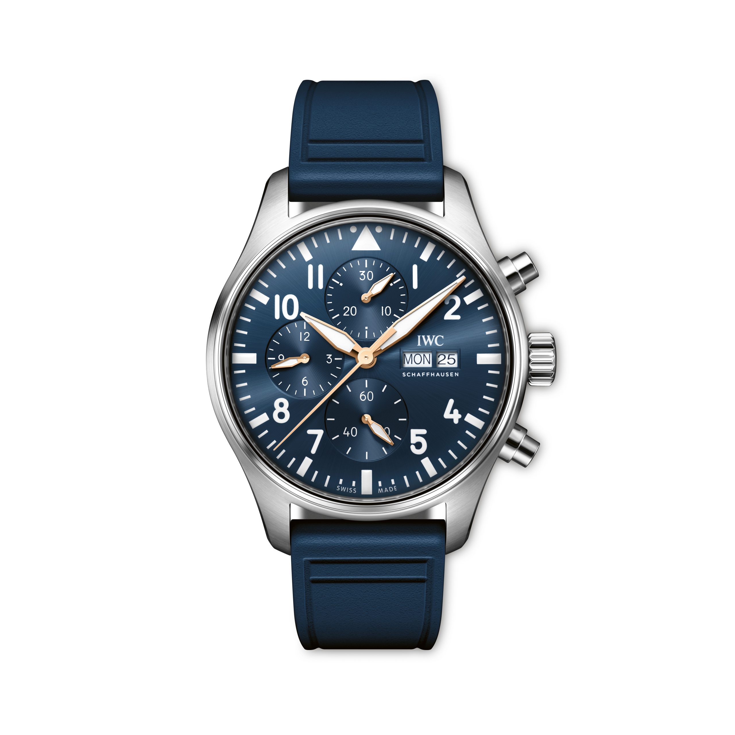 Eine blaue Chronographen-Armbanduhr mit drei Hilfszifferblättern, Datumsanzeige und blauem Armband, deren Zeiger und Indizes silberne Akzente aufweisen.
