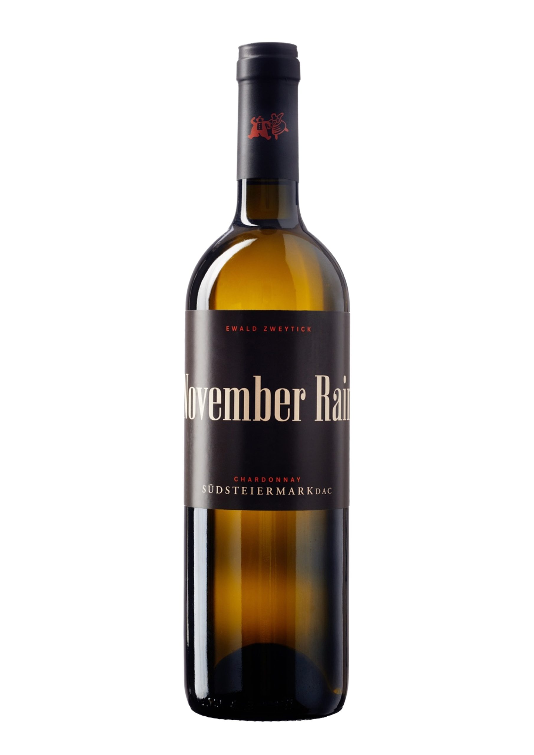Eine Flasche „November Rain“ Chardonnay mit dunklem Etikett und goldener Schrift, die aufrecht vor einem weißen Hintergrund steht.