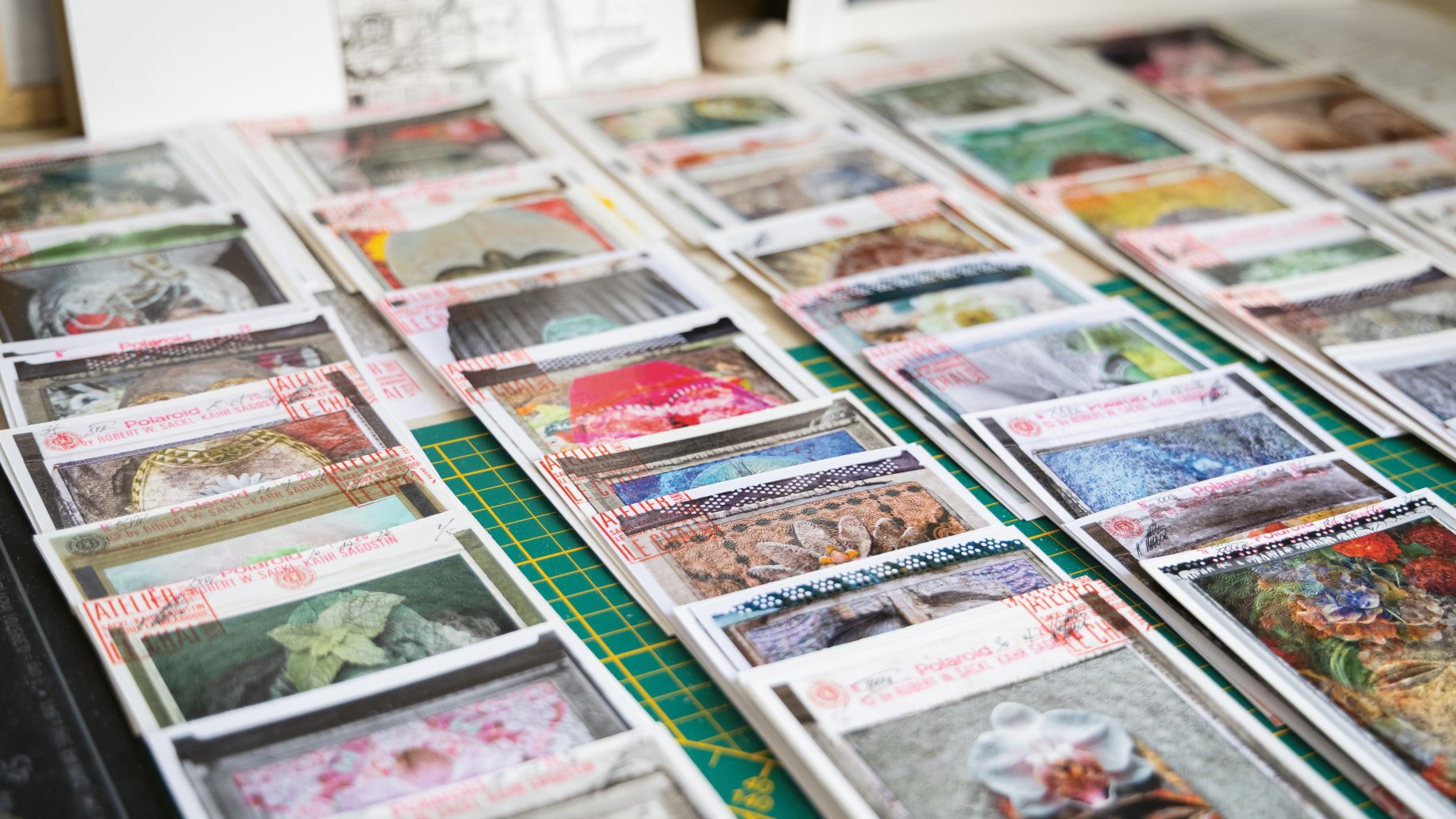 Auf einer grünen Schneidematte sind Stapel bunter Postkarten mit verschiedenen Kunstwerken ordentlich angeordnet, im Hintergrund sind einige Schwarz-Weiß-Drucke zu sehen.